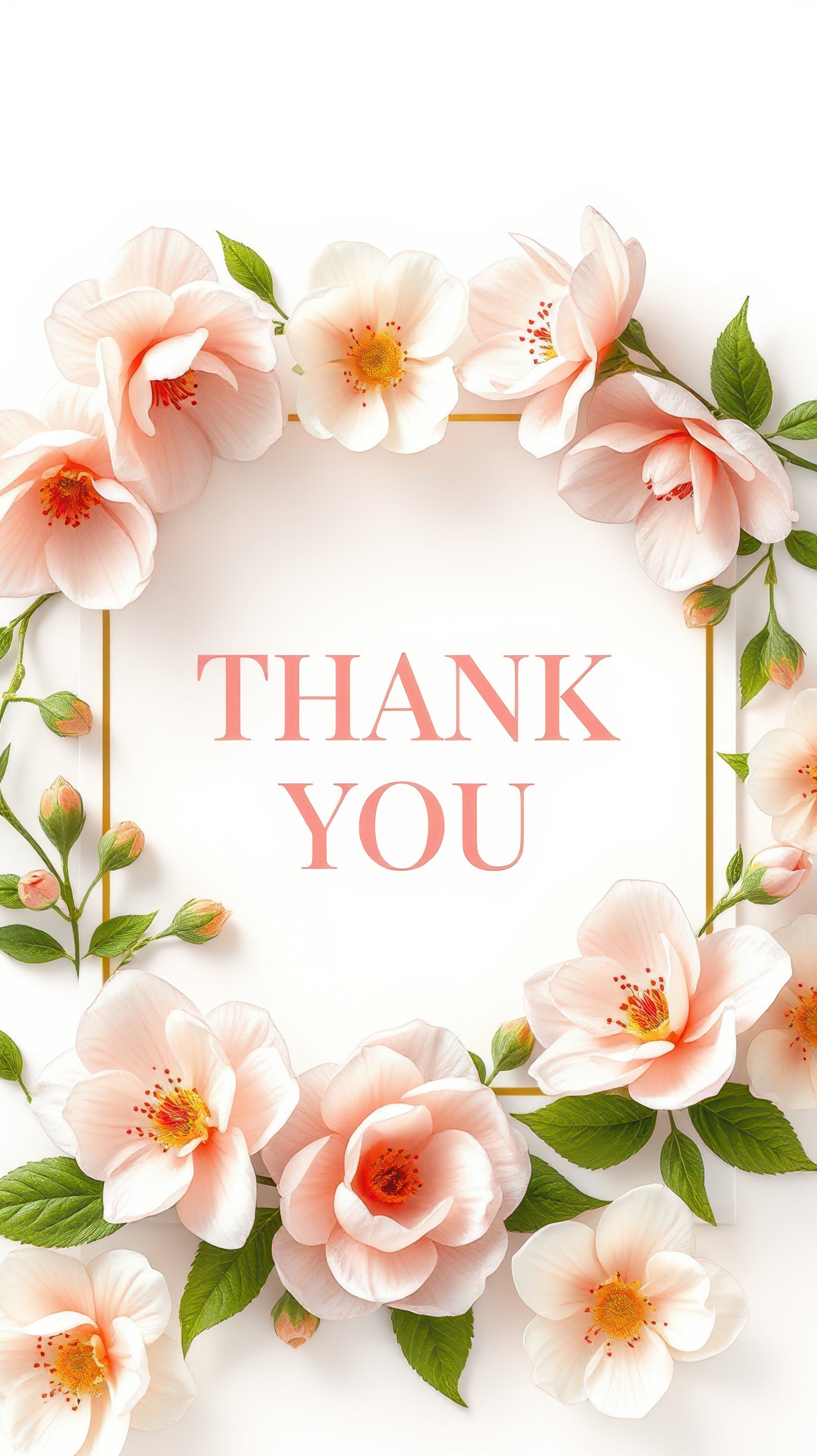 Thank you message surrounded by delicate pink flowers with vibrant green leaves